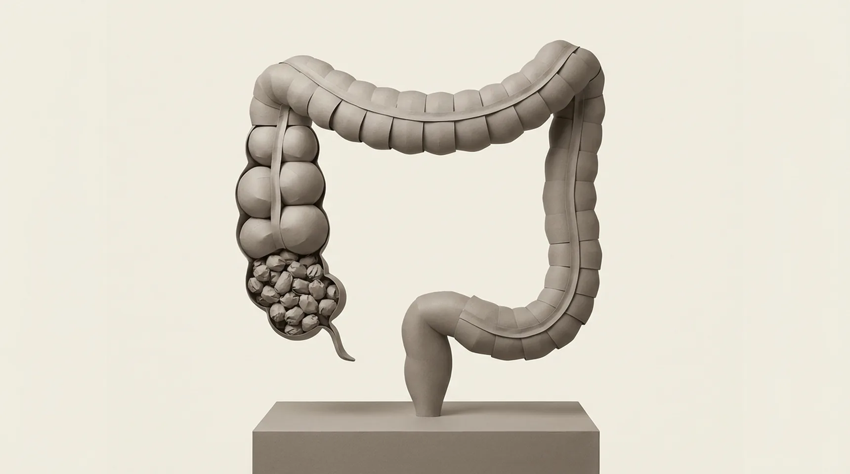 종이로 빚은 대장 조각 — 아래쪽 구간에 딱딱한 알갱이가 줄지어 막혀 있고 그 위 장이 가스로 둥글게 부풀어, 변비와 함께 배가 부푸는 장 정체를 표현한 모습