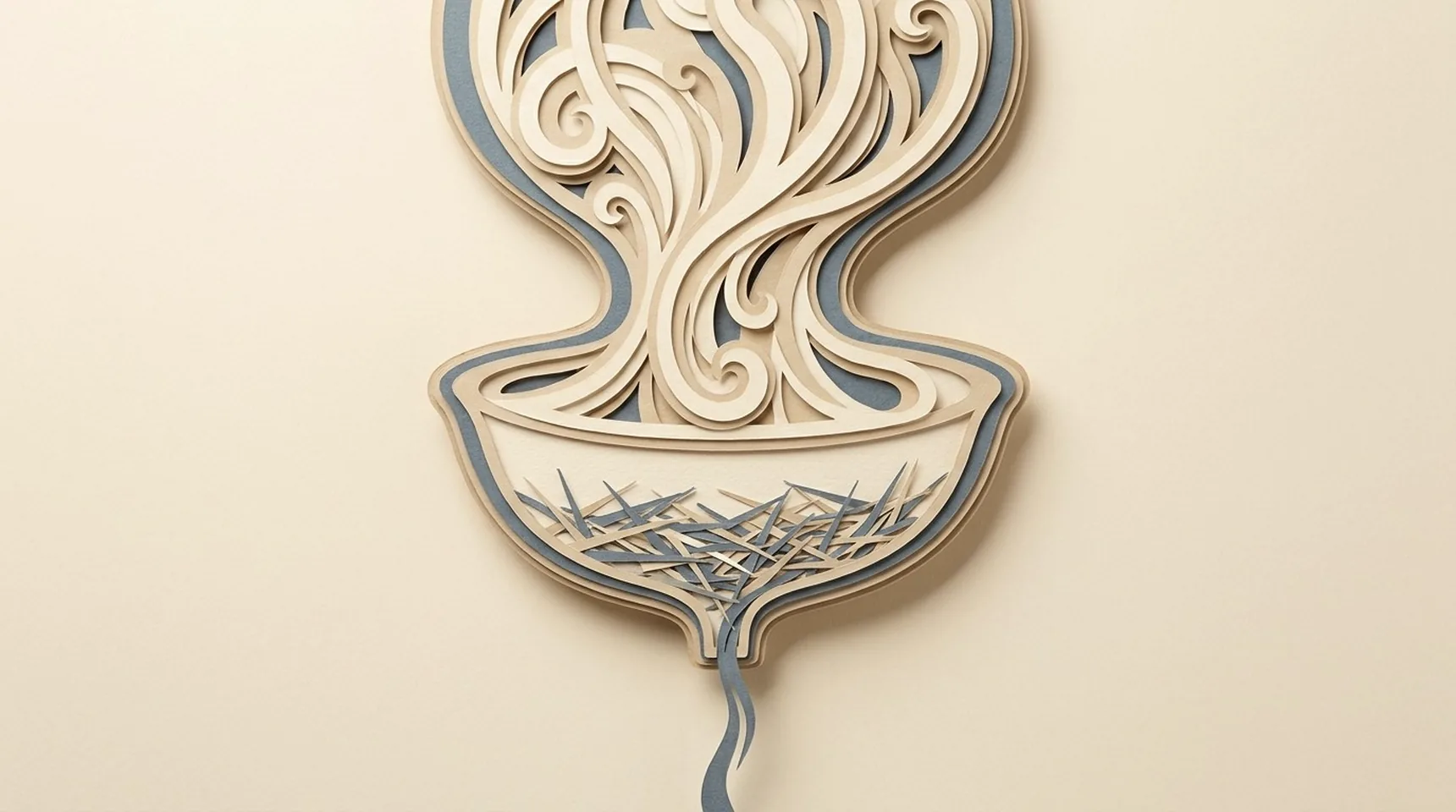 여러 물줄기가 넓은 그릇으로 흘러들고 좁은 출구로는 가는 줄기 하나만 빠져나가며 바닥에 바늘 모양 조각이 두텁게 가라앉는 종이 조형